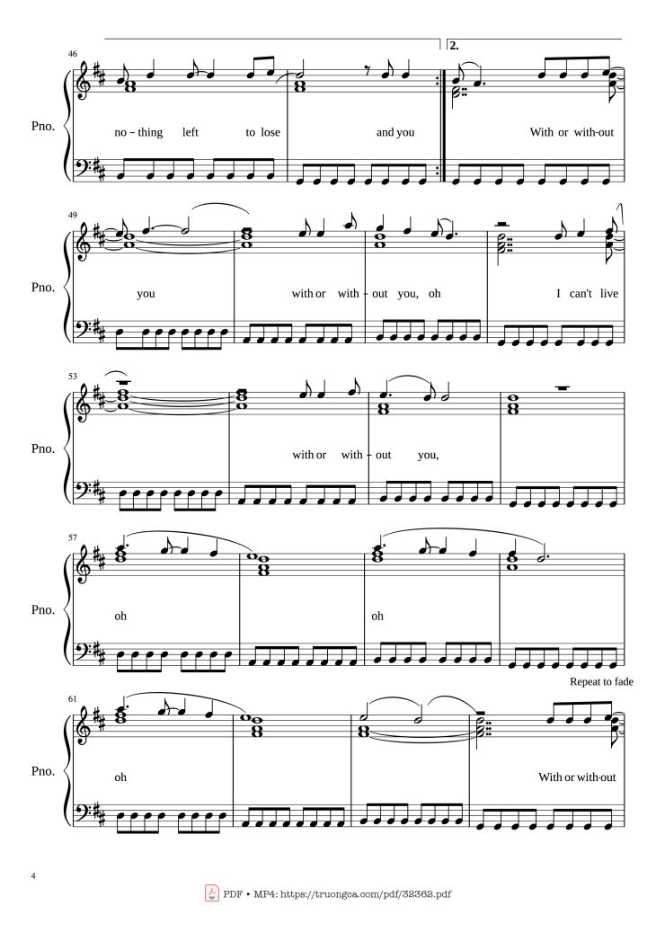 Page 4 of the piano sheet music PDF Piano – With or Without You Piano by U2