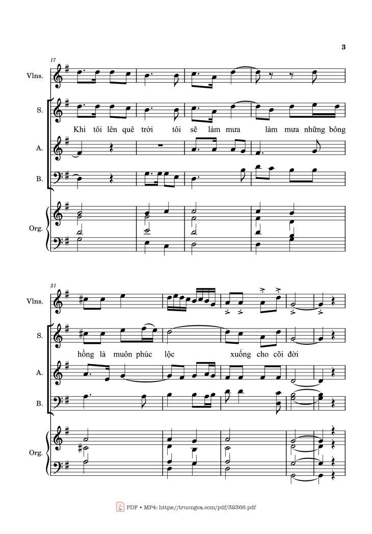 Page 3 of the piano sheet music PDF – Mưa Những Bông Hồng (Bè, Đệm Violin, Organ) by Kim Long