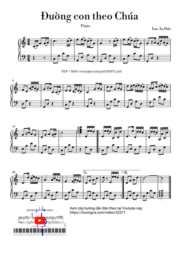 Page 1 of the piano sheet music PDF Piano – Đường con theo Chúa Piano by Lm. Ân Đức