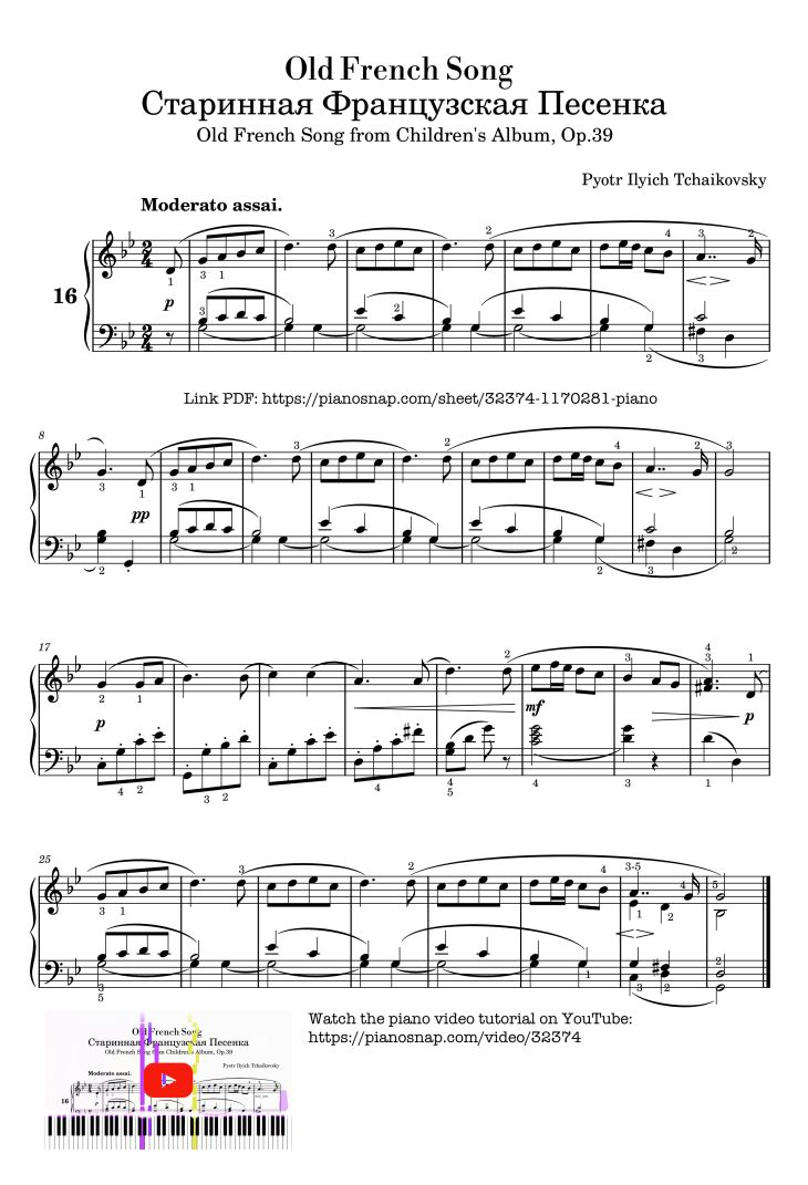 Page 1 of the piano sheet music PDF Piano – Old French Song Piano by Pyotr Ilyich Tchaikovsky