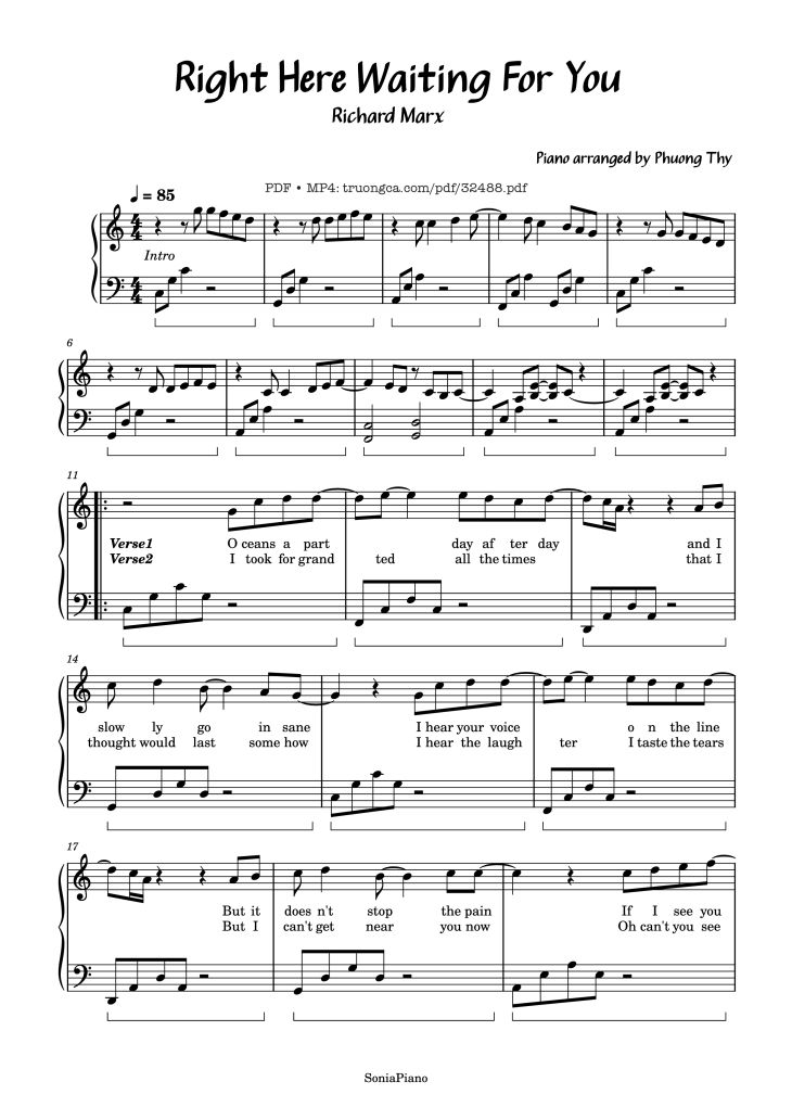 Page 1 of the piano sheet music PDF – Right Here Waiting For You Piano by Richard Marx