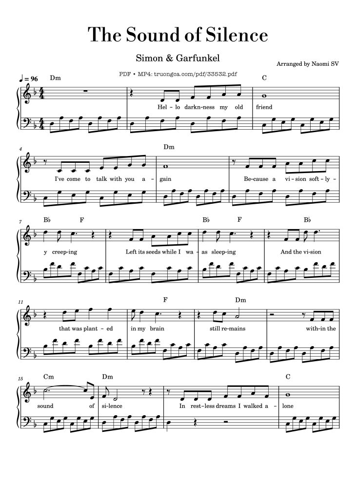 Page 1 of the piano sheet music PDF – The Sound of Silence by Paul Simon