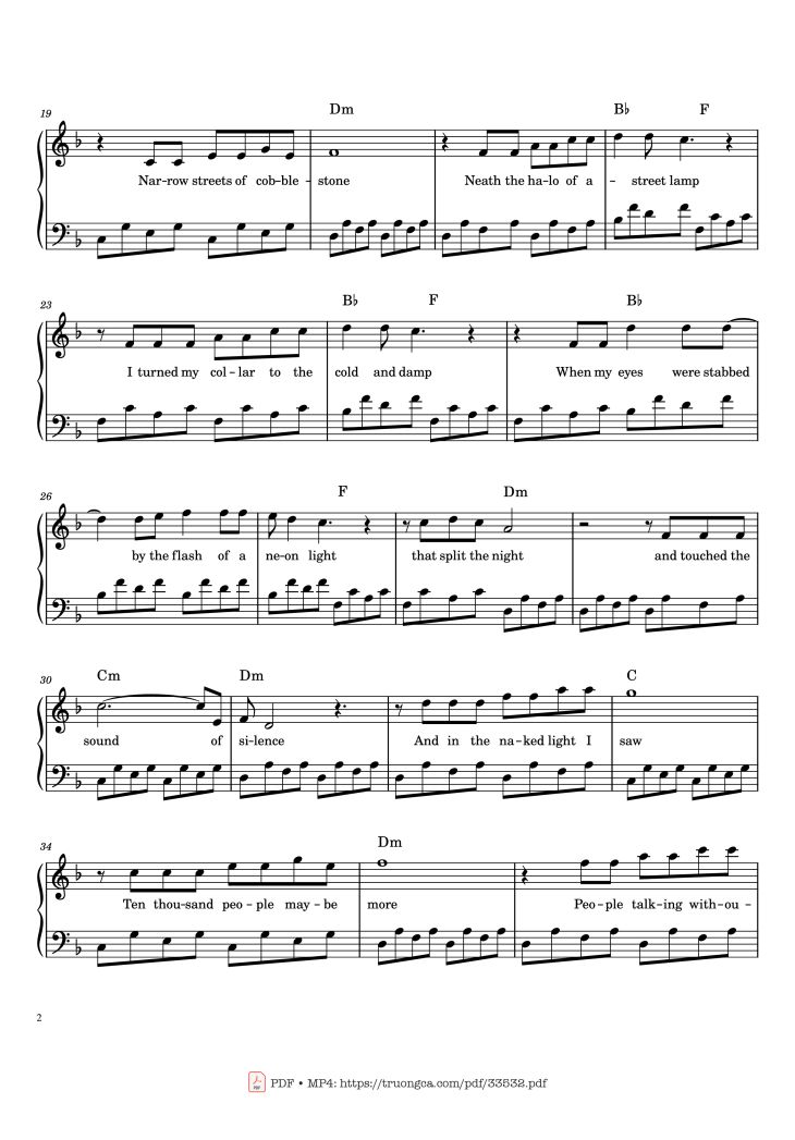Page 2 of the piano sheet music PDF – The Sound of Silence by Paul Simon