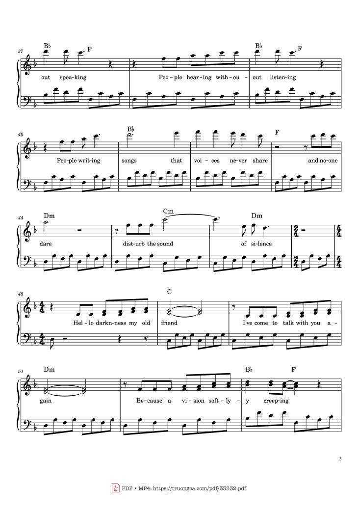 Page 3 of the piano sheet music PDF – The Sound of Silence by Paul Simon