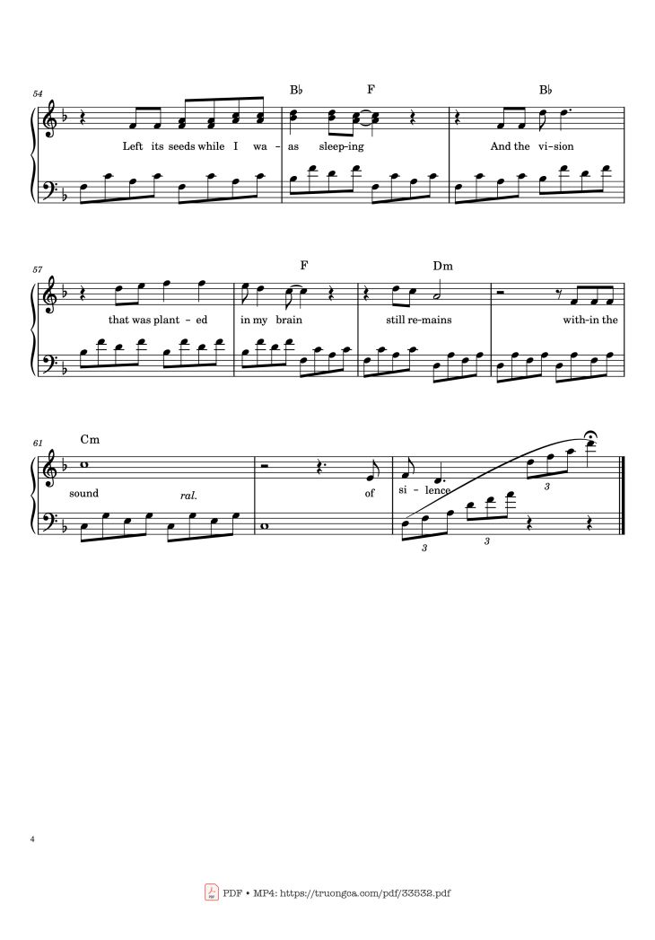 Page 4 of the piano sheet music PDF – The Sound of Silence by Paul Simon