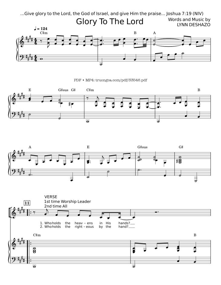 Page 1 of the piano sheet music PDF – Glory To The Lord Piano by LYNN DESHAZO