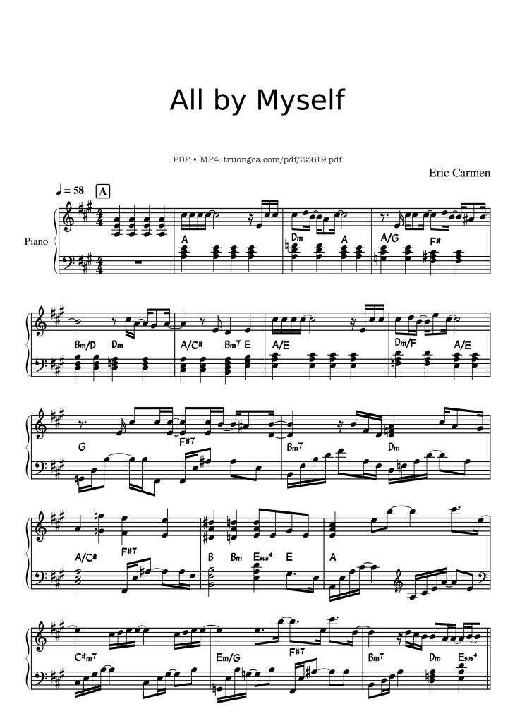 Page 1 of the piano sheet music PDF Piano – All by Myself Piano by Eric Carmen
