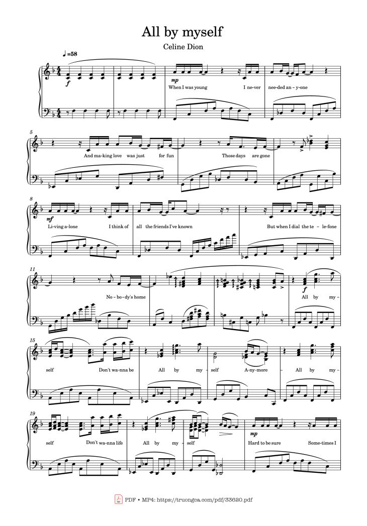 Page 1 of the piano sheet music PDF Piano – All by myself Piano by Celine Dion