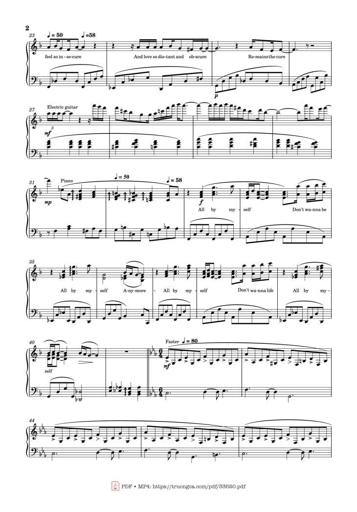 Page 2 of the piano sheet music PDF Piano – All by myself Piano by Celine Dion