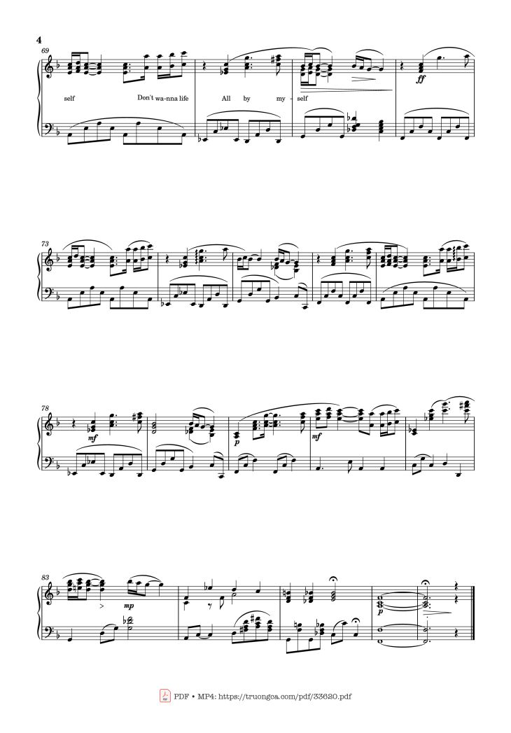 Page 4 of the piano sheet music PDF Piano – All by myself Piano by Celine Dion