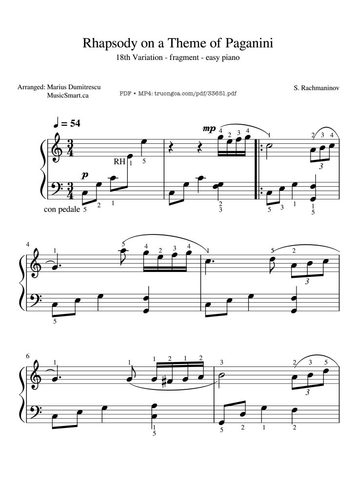 Page 1 of the piano sheet music PDF Piano – Rhapsody on a Theme of Paganini -18th Variation Piano (With Fingering) by S. Rachmaninov