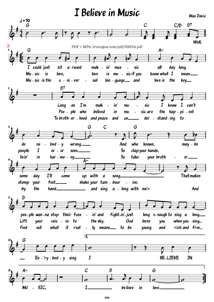 Page 1 of the piano sheet music PDF Piano – I Believe in Music by Mac Davic
