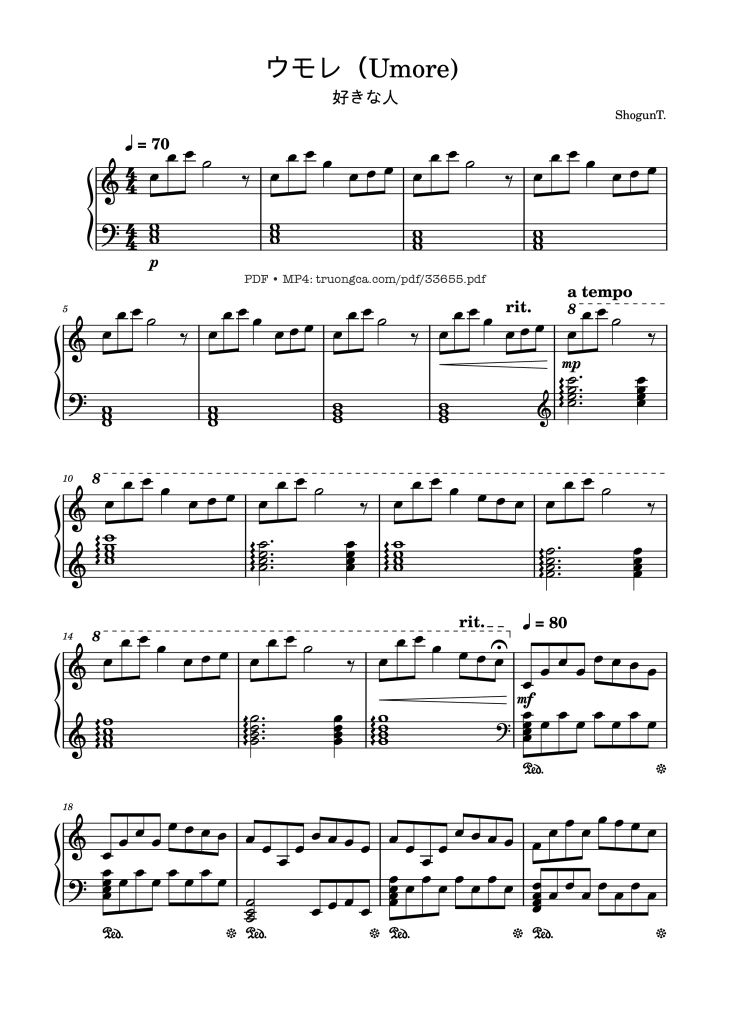 Page 1 of the piano sheet music PDF – Daisuki na hito ウモレ (Umore) Piano by ShogunT