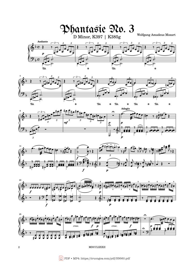 Page 2 of the piano sheet music PDF Piano – Phantasie No. 3 in D Minor K397 Piano by Wolfgang Amadeus Mozart