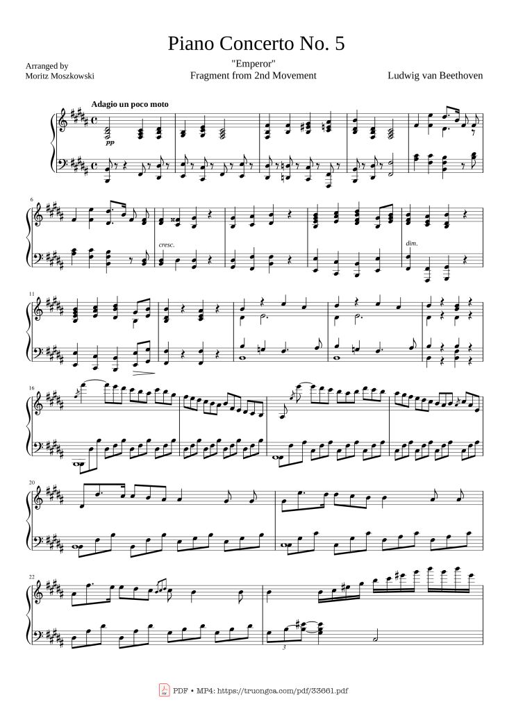 Page 1 of the piano sheet music PDF Piano – Adagio from Beethoven Emperor concerto No.5, Op.73 by Ludwig Van Beethoven