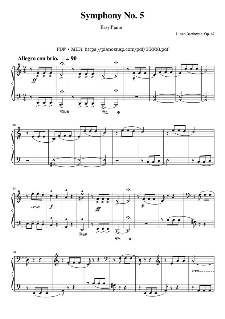 Page 1 of the piano sheet music PDF Piano – Beethoven Symphony No. 5 Piano EASY by Ludwig van Beethoven