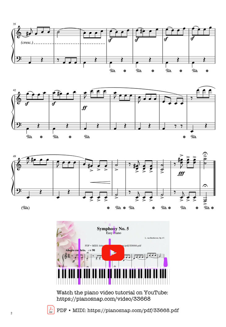Page 2 of the piano sheet music PDF Piano – Beethoven Symphony No. 5 Piano EASY by Ludwig van Beethoven