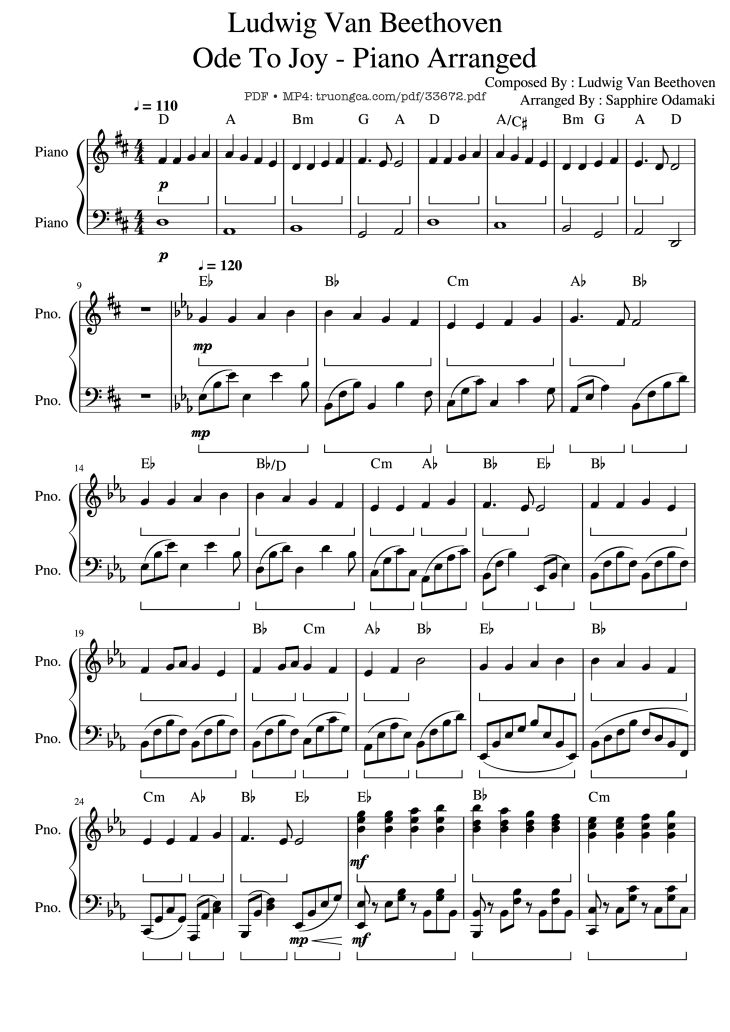 Page 1 of the piano sheet music PDF Piano – Beethoven Ode To Joy Piano Arranged by Ludwig Van Beethoven