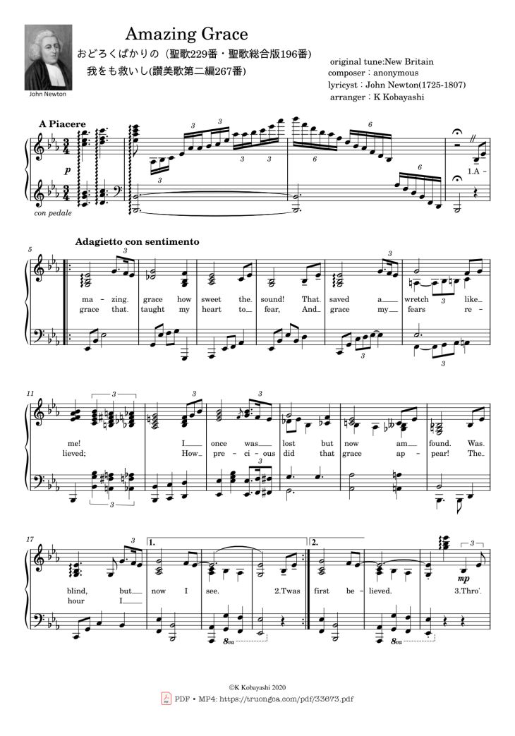 Page 1 of the piano sheet music PDF Piano – Amazing Grace by John Newton