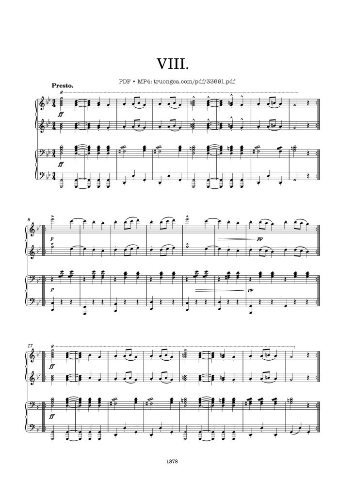 Page 1 of the piano sheet music PDF Piano – Slavonic Dances Op. 46 No. 8 Piano Four Hands by Antonin Leopold Dvorak
