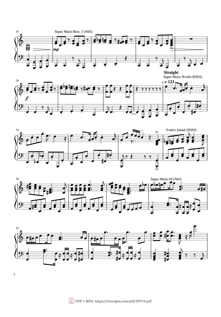 Page 2 of the piano sheet music PDF – Mario Medley Piano by Koji Kondo