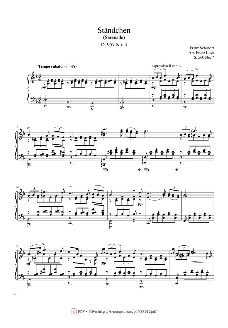 Page 2 of the piano sheet music PDF Piano – Standchen D. 957 No.7 Piano by Franz Schubert