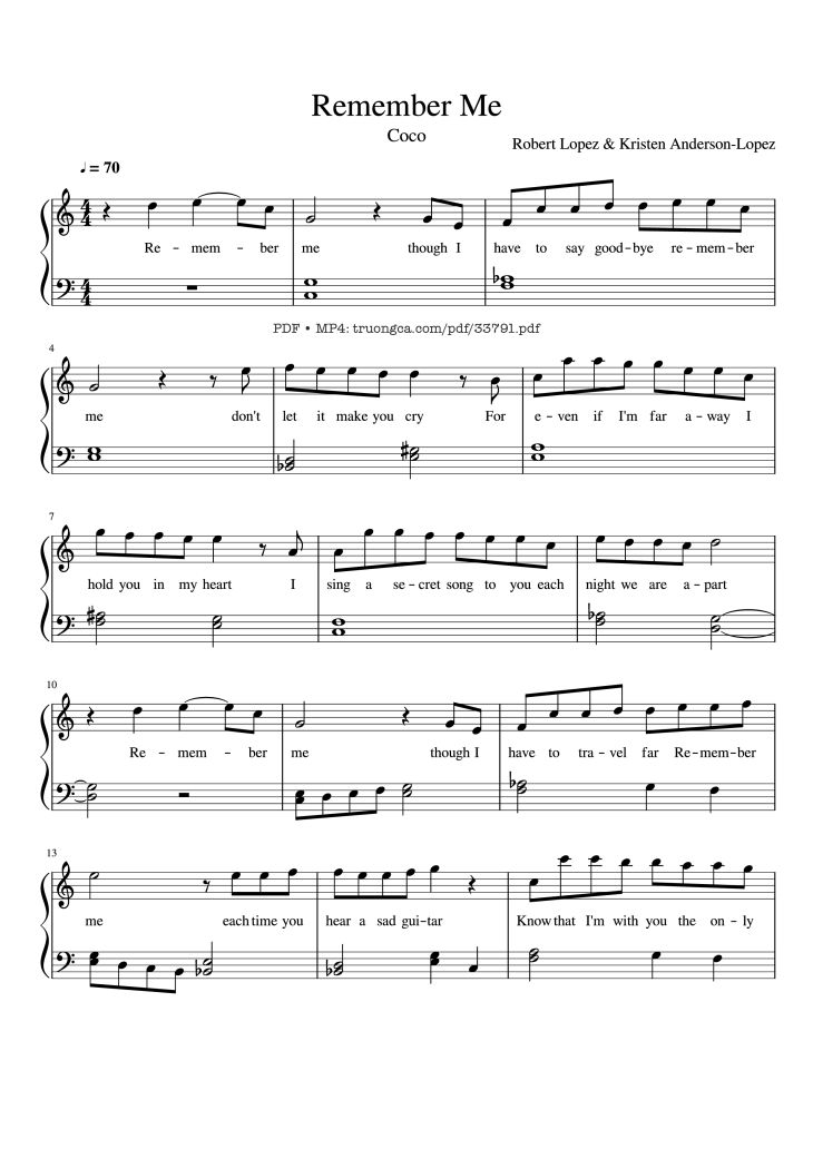 Page 1 of the piano sheet music PDF Piano – Remember Me Piano by Robert Lopez