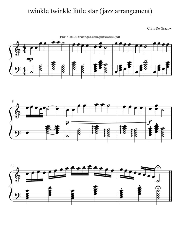 Page 1 of the piano sheet music PDF – Twinkle twinkle little star (jazz Piano) by Wolfgang Amadeus Mozart