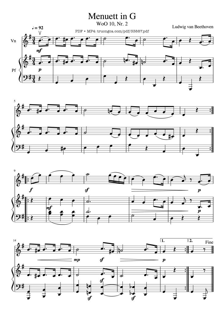 Page 1 of the piano sheet music PDF Piano – Beethoven Minuet in G - Violin & Piano by Ludwig van Beethoven