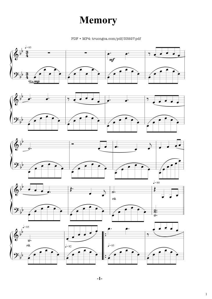 Page 1 of the piano sheet music PDF – Memory Richard Clayderman Piano cover by Richard Clayderman