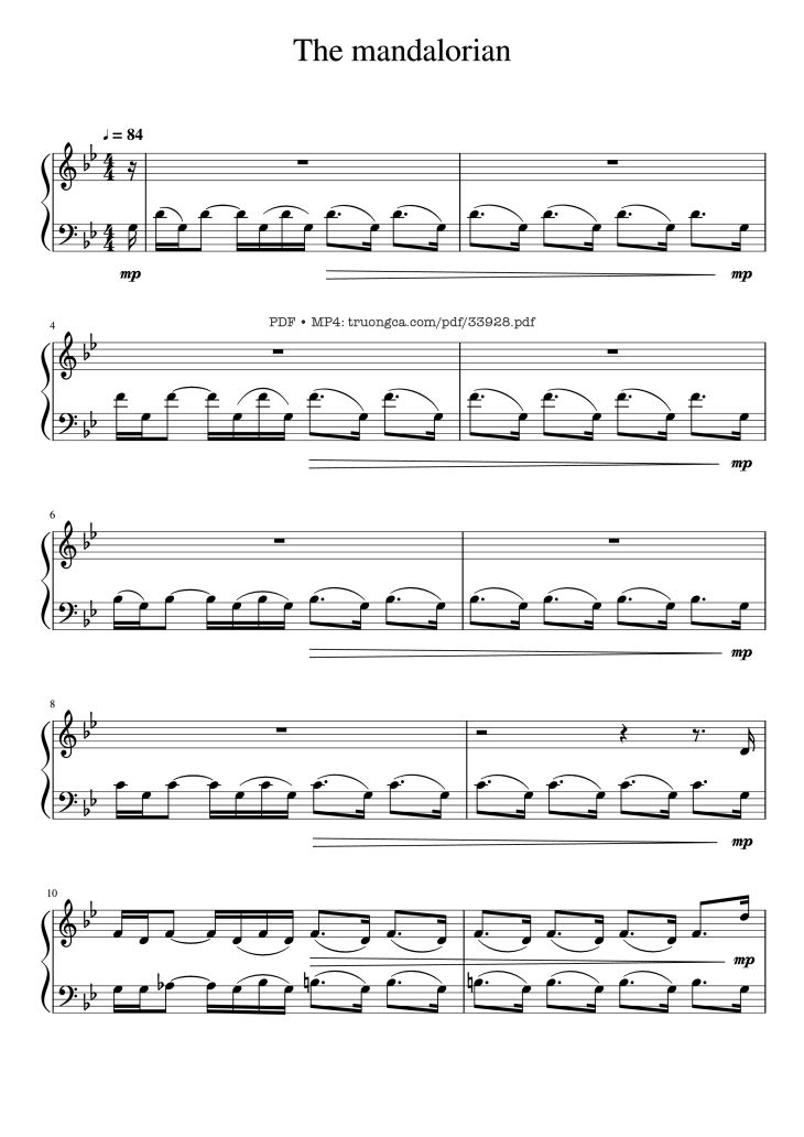 Page 1 of the piano sheet music PDF Piano – The Mandalorian Main Theme Star Wars (Easy) Piano by Ludwig Goransson