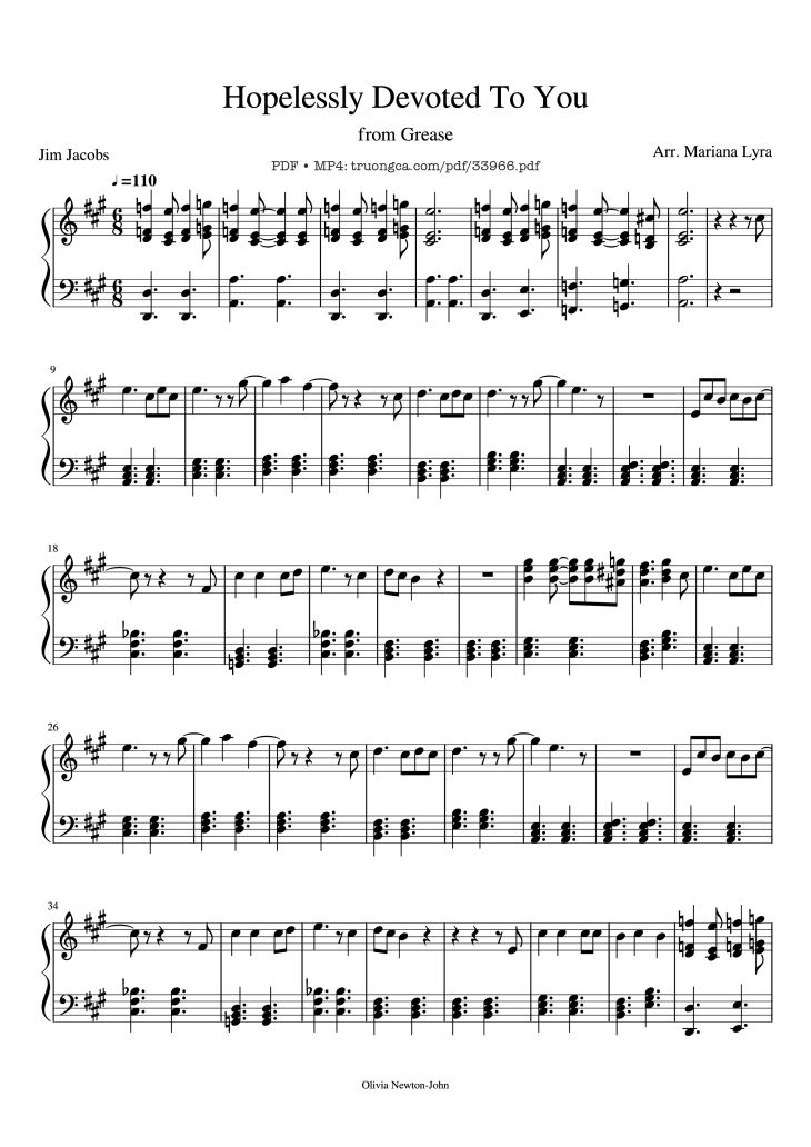 Page 1 of the piano sheet music PDF Piano – Hopelessly Devoted To You Piano by Olivia Newton-John