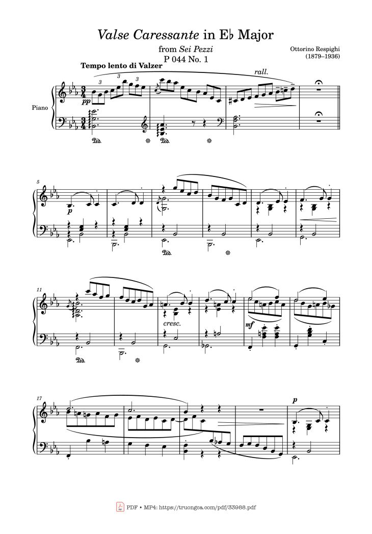Page 1 of the piano sheet music PDF Piano – Valse Caressante in E♭ Major Piano by Ottorino Respighi