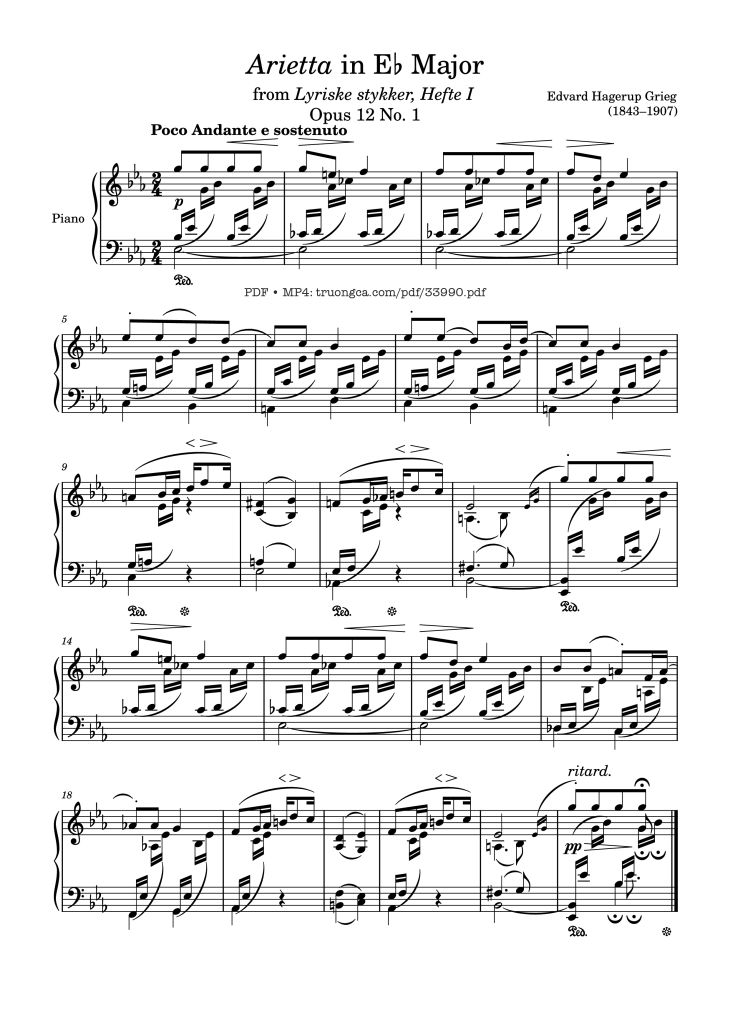 Page 1 of the piano sheet music PDF Piano – Arietta in Eb Major Piano by Edvard Hagerup Grieg