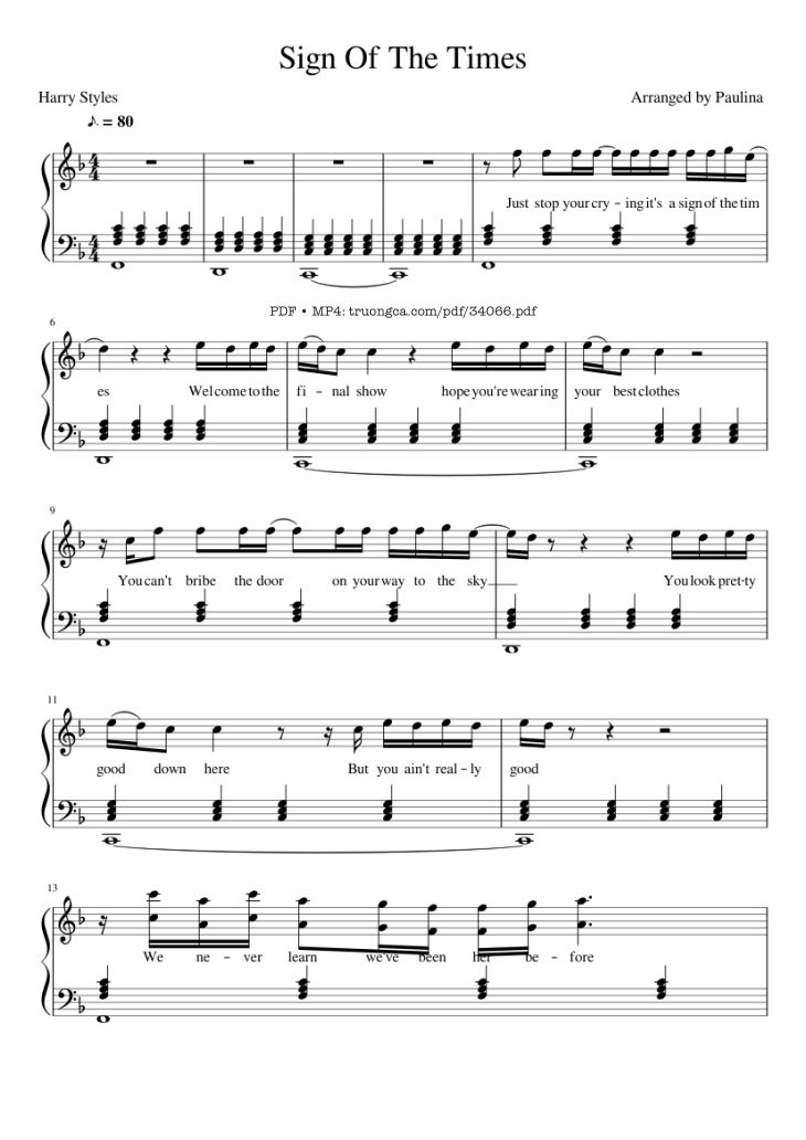 Page 1 of the piano sheet music PDF Piano – Sign Of The Times Piano by Harry Styles