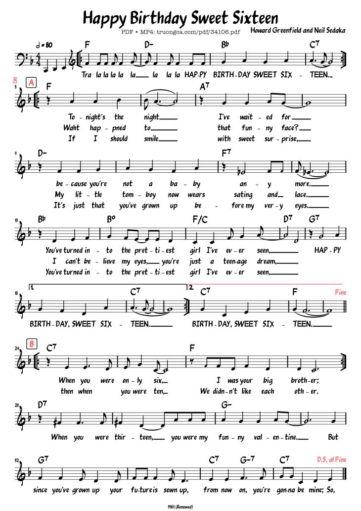 Page 1 of the piano sheet music PDF Piano – Happy Birthday Sweet Sixteen by Howard Greenfield
