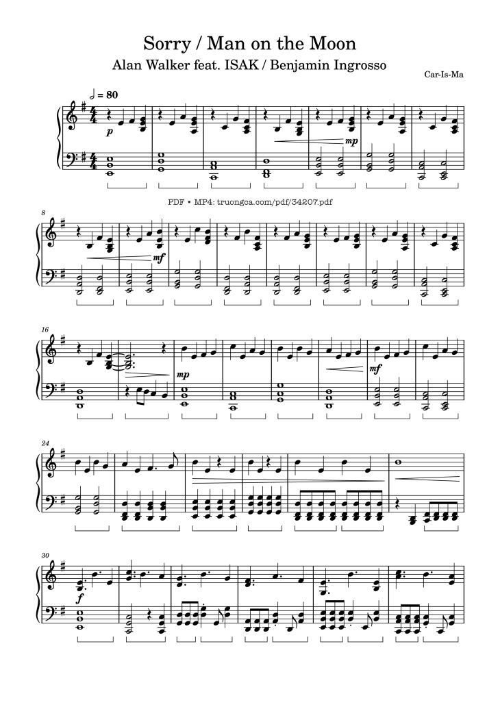 Page 1 of the piano sheet music PDF Piano – Man on the Moon, Piano Medley with Sorry by Car-Is-Ma