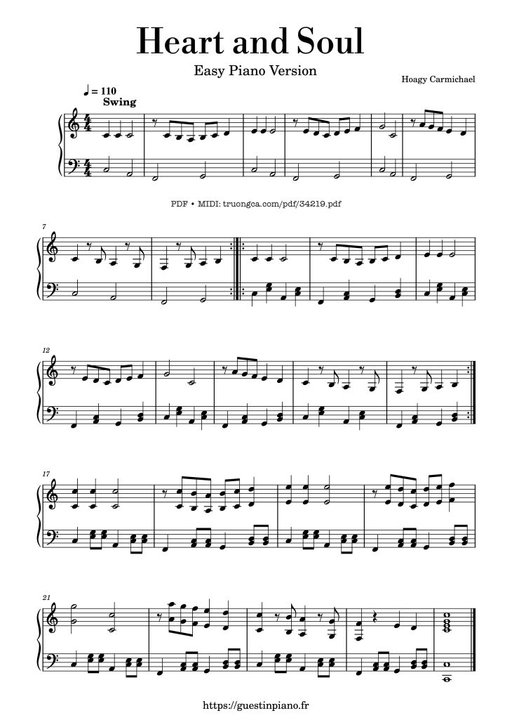 Page 1 of the piano sheet music PDF Piano – Heart and Soul Piano Easy by Hoagy Carmichael