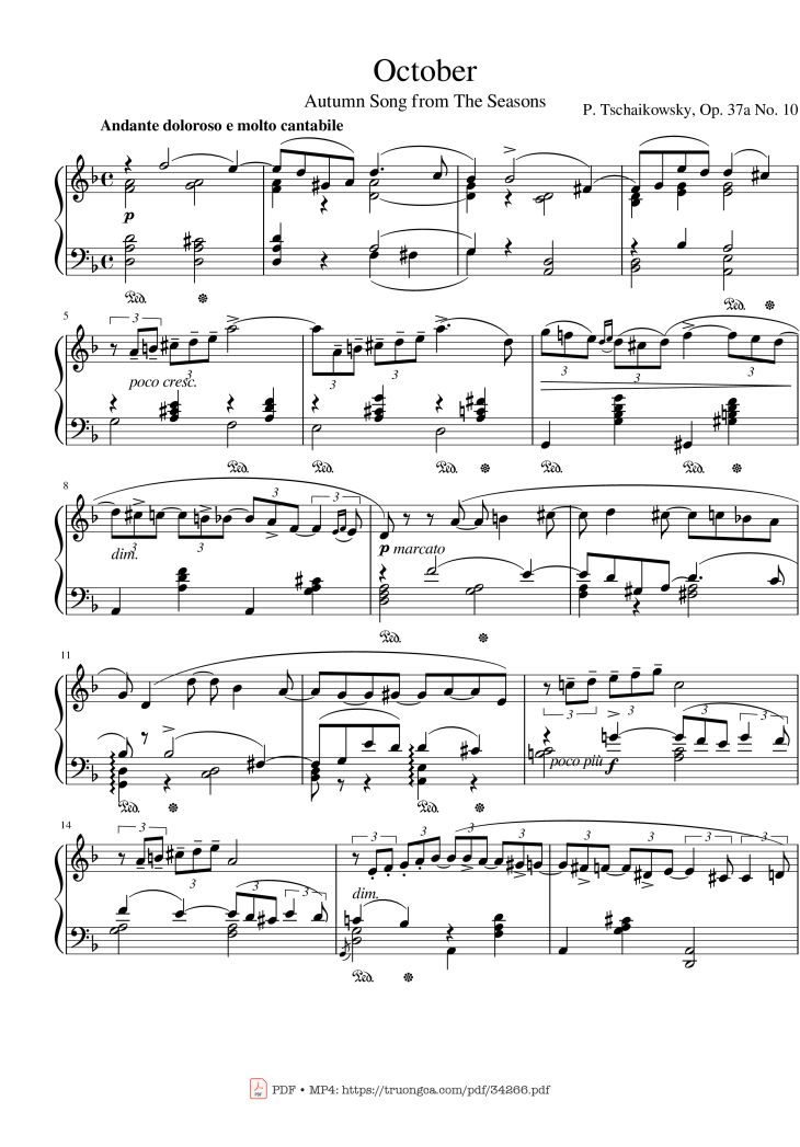 Page 1 of the piano sheet music PDF – Tchaikovsky The Seasons, October, Autumn Song Piano by Pyotr Ilyich Tchaikovsky
