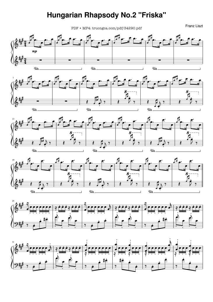 Page 1 of the piano sheet music PDF Piano – Hungarian Rhapsody No. 2 Friska Piano by Franz Liszt