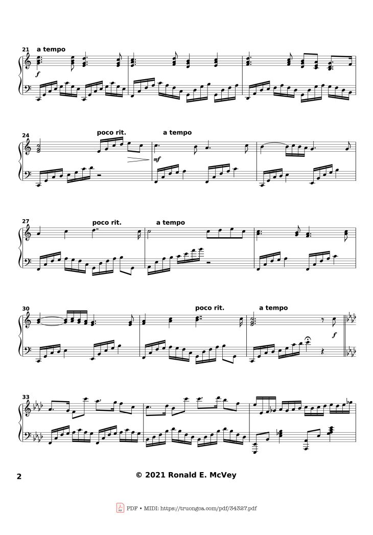 Page 2 of the piano sheet music PDF – America the Beautiful Piano by Samuel Augustus Ward