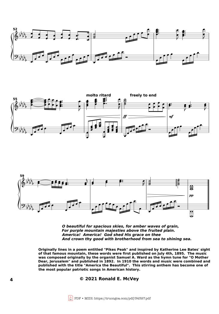 Page 4 of the piano sheet music PDF – America the Beautiful Piano by Samuel Augustus Ward
