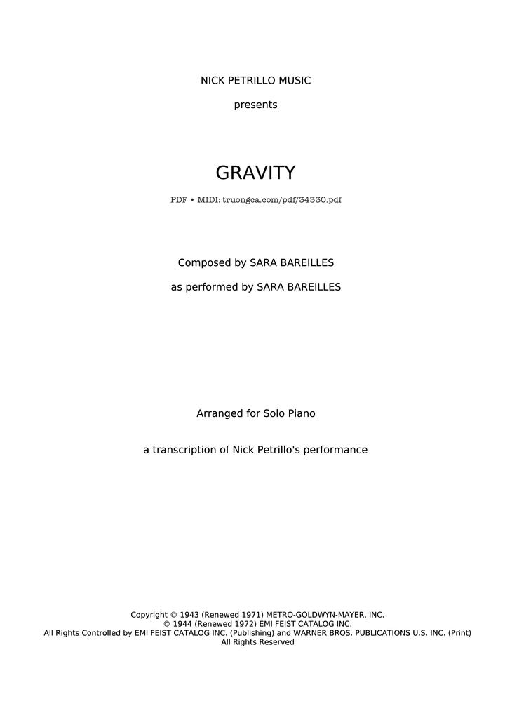 Page 1 of the piano sheet music PDF Piano – GRAVITY Piano by SARA BAREILLES