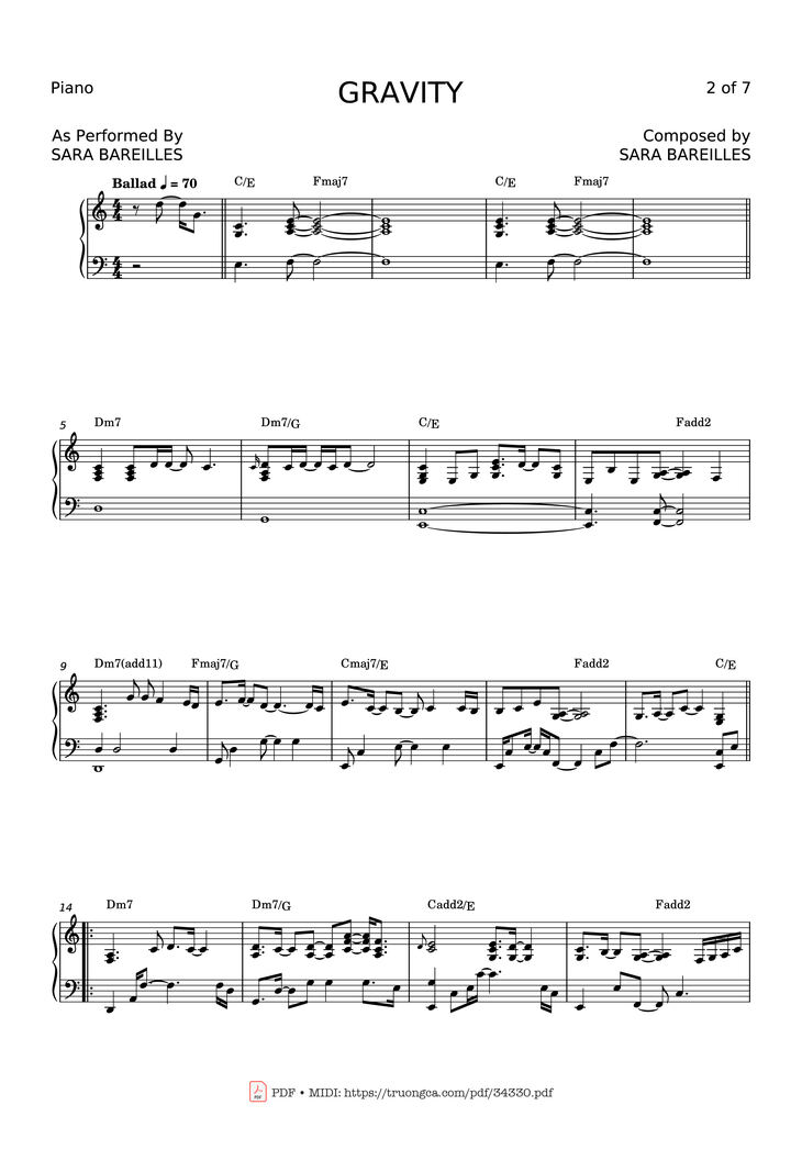 Page 2 of the piano sheet music PDF Piano – GRAVITY Piano by SARA BAREILLES