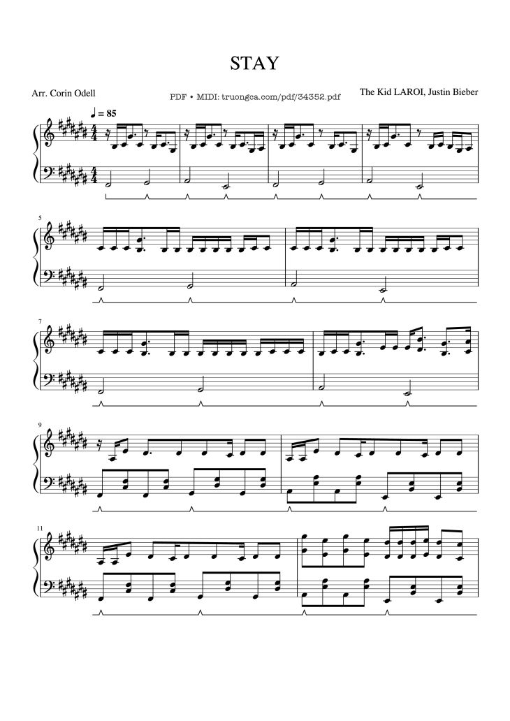 Page 1 of the piano sheet music PDF – Stay - Justin Bieber Piano by The Kid LAROI, Justin Bieber