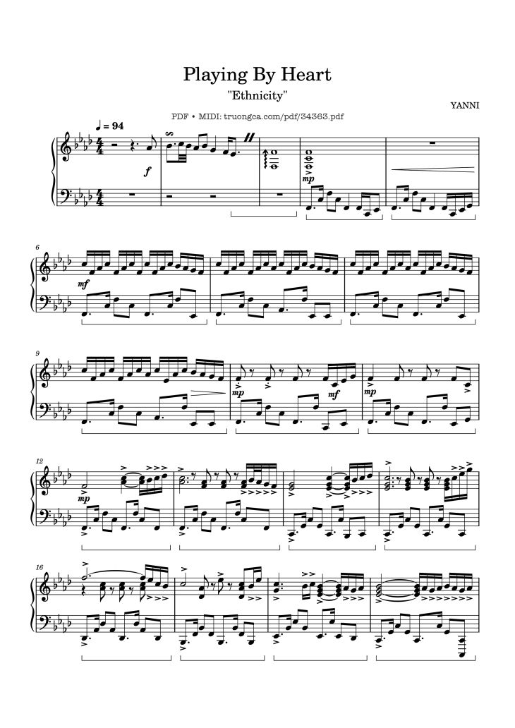 Page 1 of the piano sheet music PDF Piano – Playing By Heart Piano by YANNI