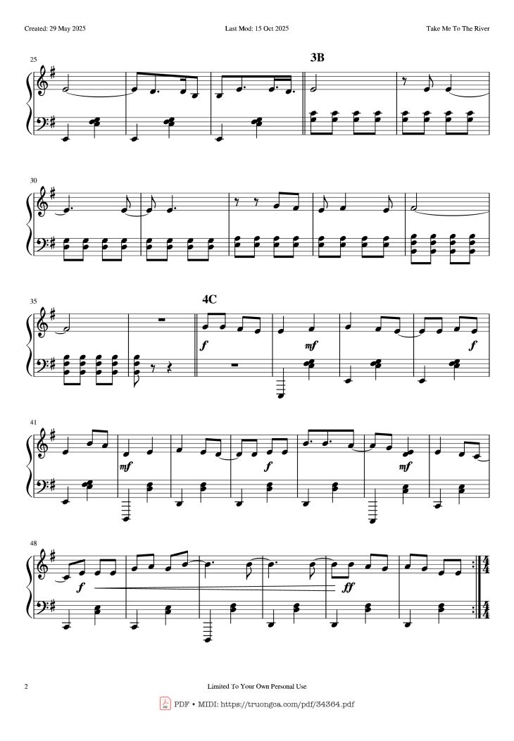 Page 2 of the piano sheet music PDF Piano – Take Me To The River Piano by Kaleida