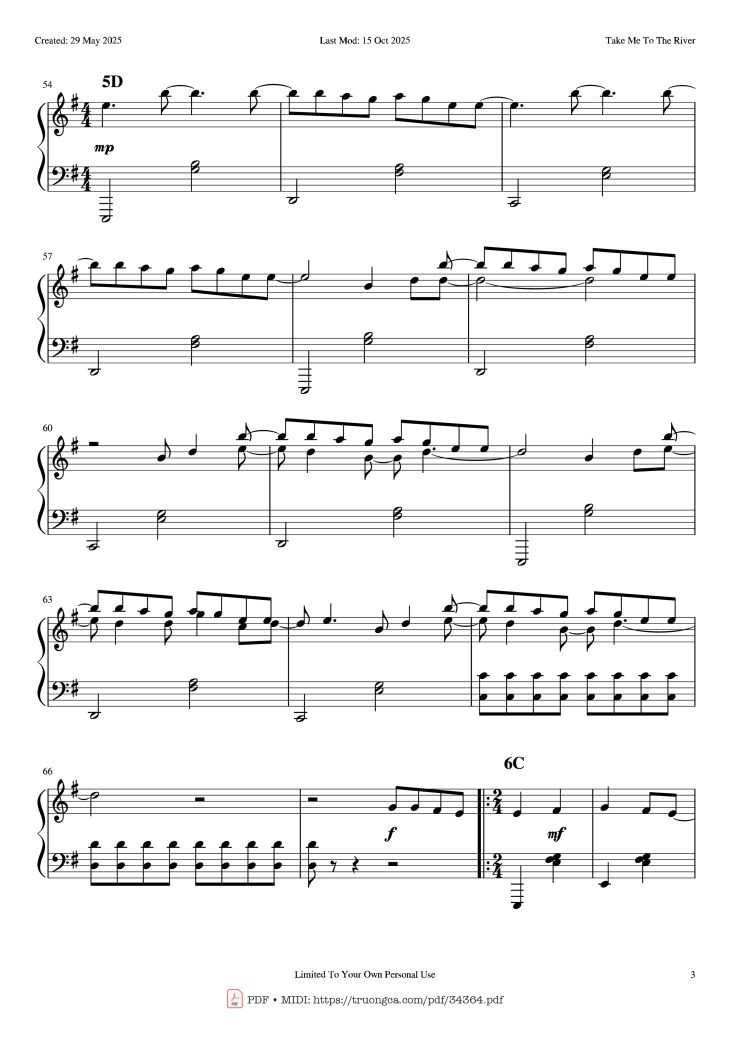 Page 3 of the piano sheet music PDF Piano – Take Me To The River Piano by Kaleida