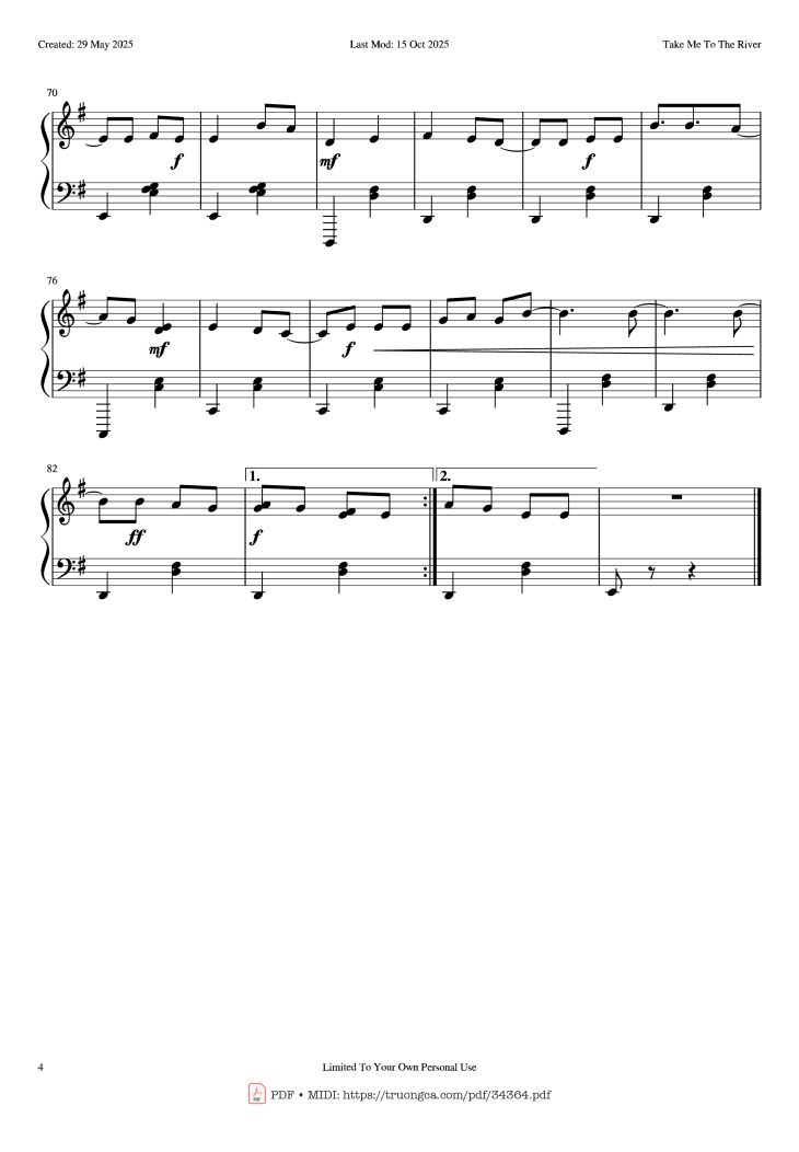 Page 4 of the piano sheet music PDF Piano – Take Me To The River Piano by Kaleida