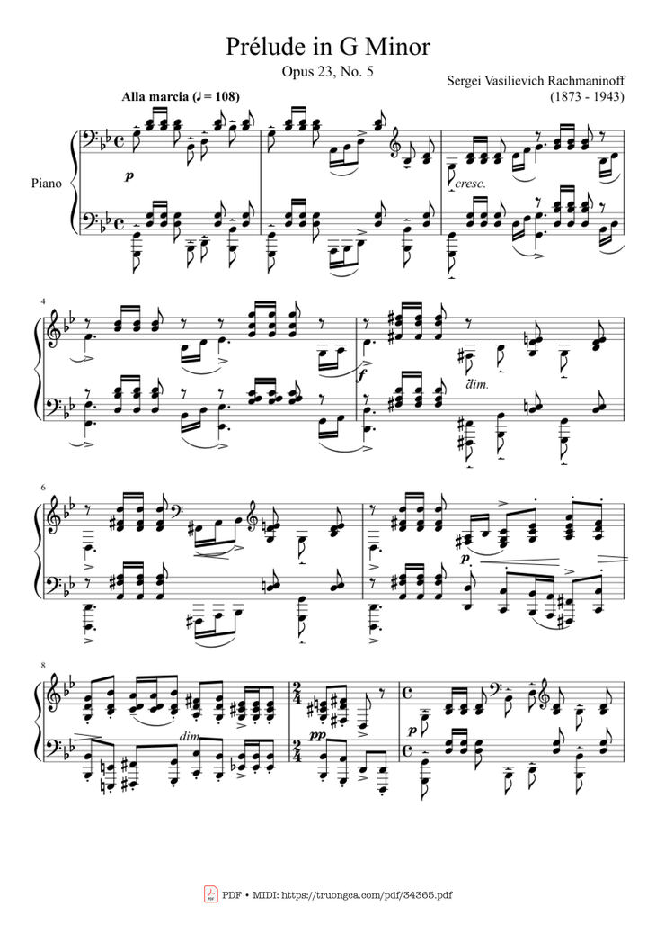 Page 1 of the piano sheet music PDF Piano – Prélude in G Minor Piano by Sergei Vasilievich Rachmaninoff (1873 - 1943